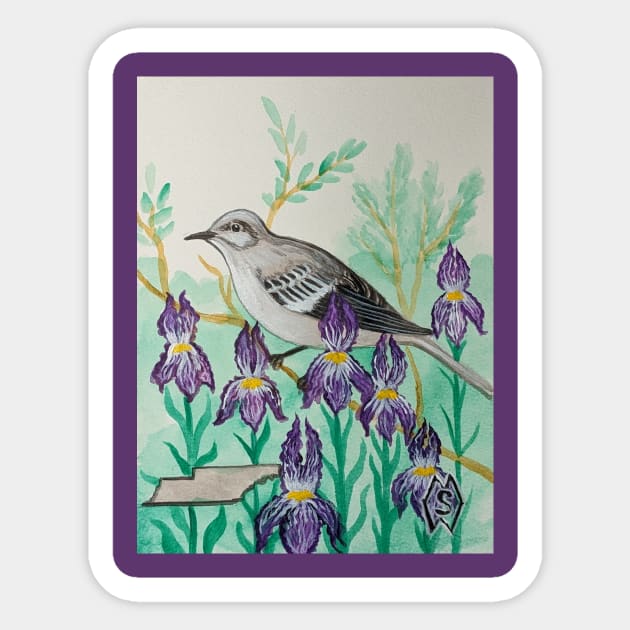 Tennessee state bird and flower, the mockingbird and iris Sticker by Matt Starr Fine Art
